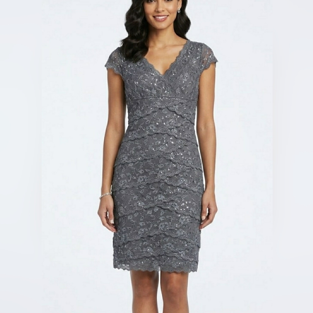 Marina Gray Lace Sequin Layered Tiered Cocktail Dress Size 8